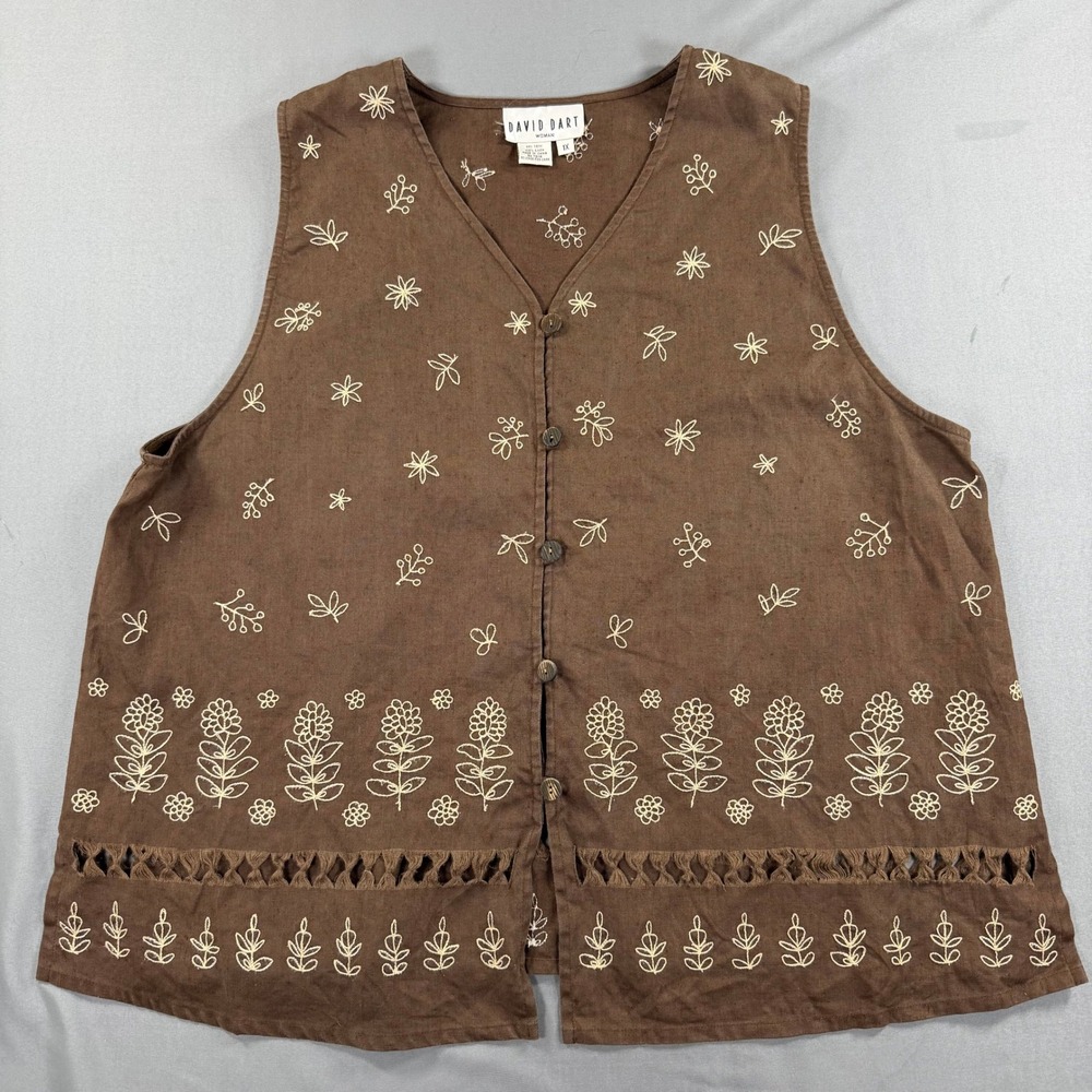 David Dart Woman Linen Embroidered Brown Vest 1X Boho Cottagecore - Picture 2 of 9